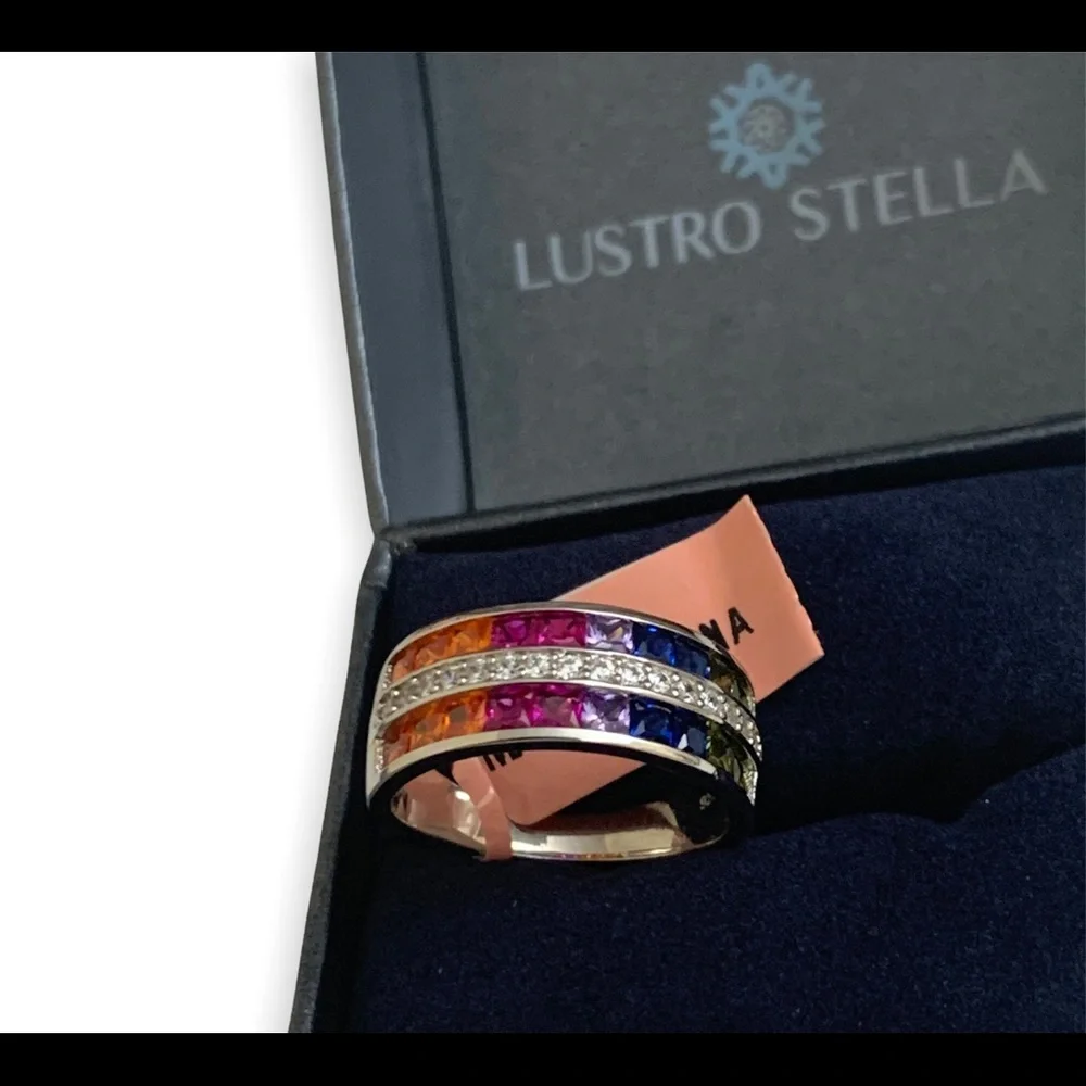 Lustro Stella 925 Sterling Silver Rainbow CZ Band Ring | Multi-Color Gemstone - Picture 5 of 7